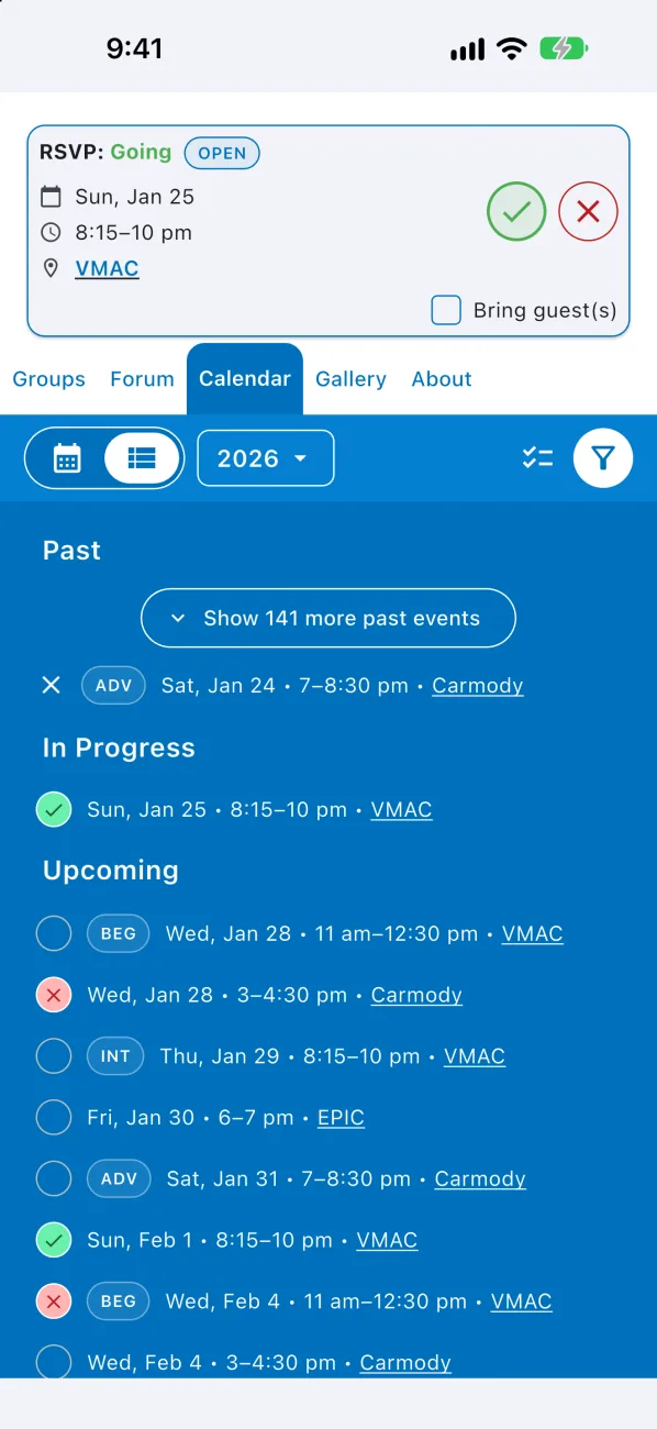 RSVP to practice with minimal taps